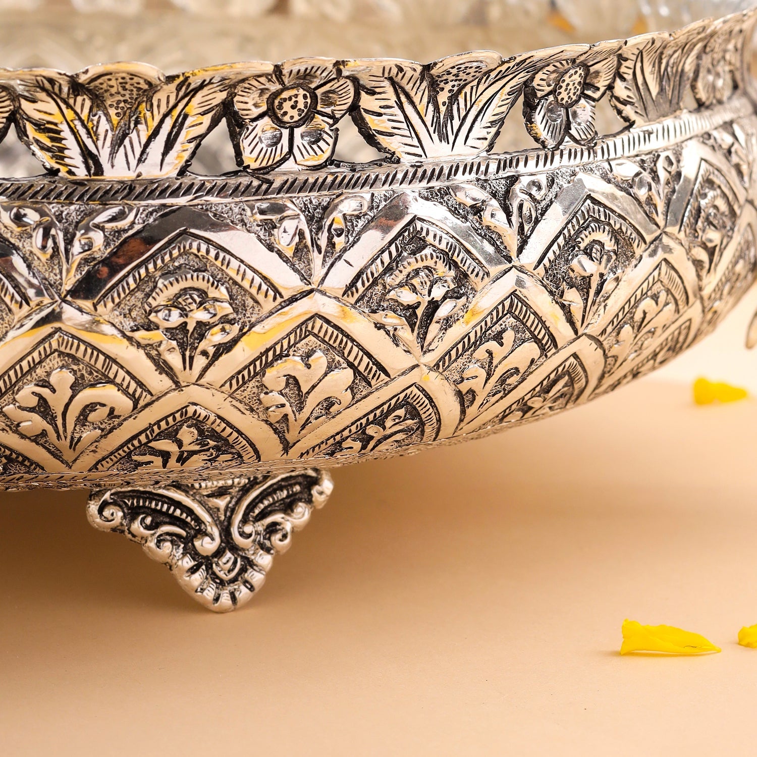 Silver-Plated Brass Peacock Urli Bowl With Floral Design (3.5 Inch)