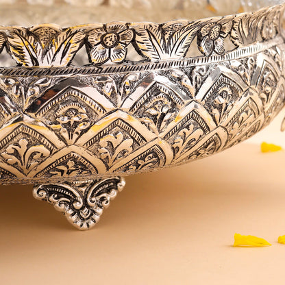 Silver-Plated Brass Peacock Urli Bowl With Floral Design (3.5 Inch)