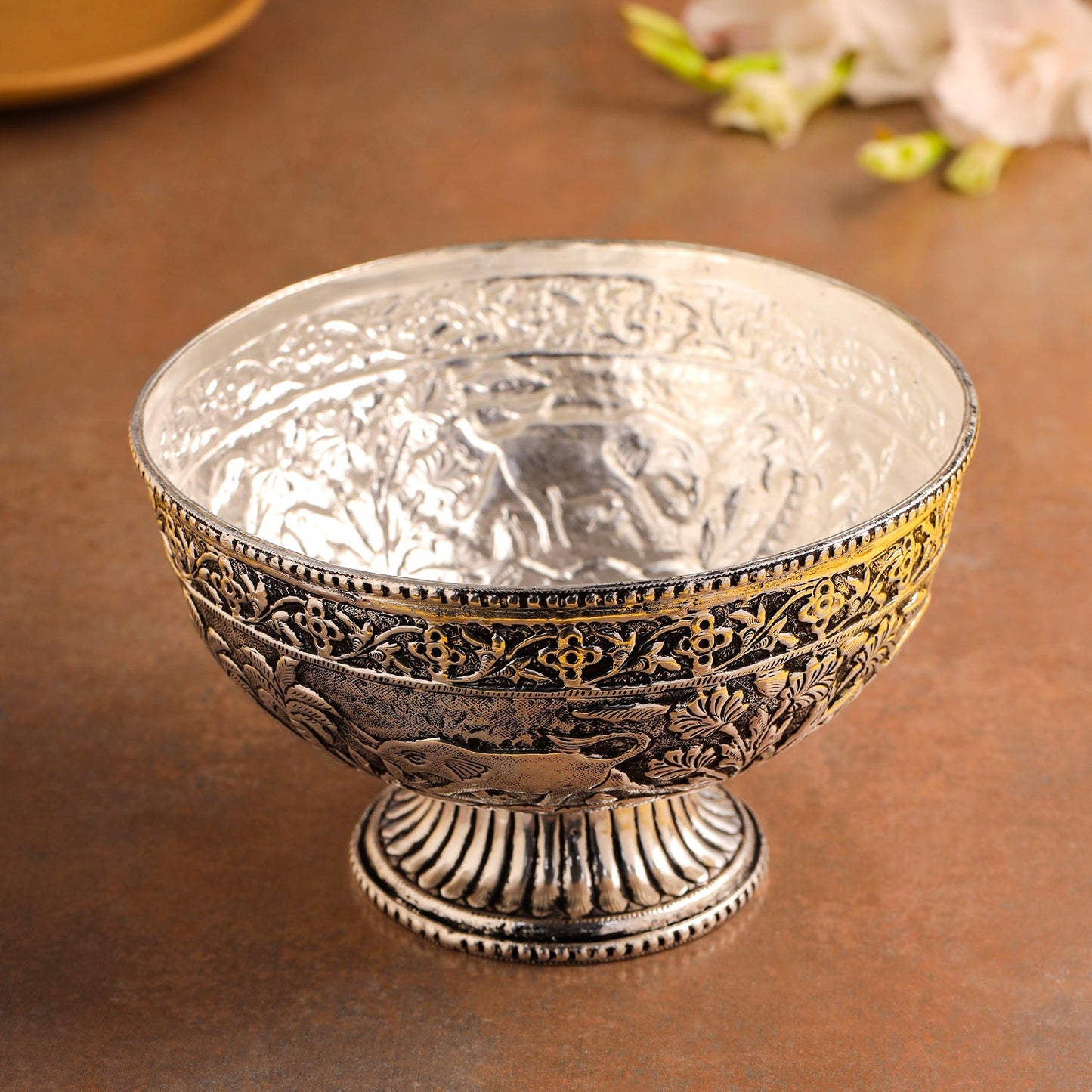 Silver-Plated Brass Decorative Basket with Floral Design (4.8 Inch)