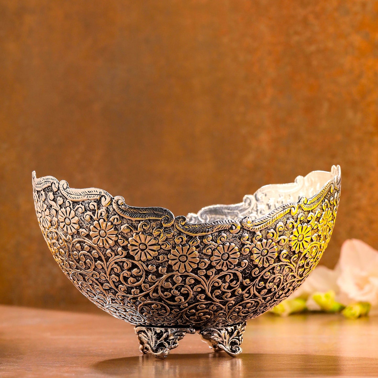 Silver-Plated Brass Decorative Basket with Floral Design (5.3 Inch)
