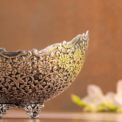 Silver-Plated Brass Decorative Basket with Floral Design (5.3 Inch)