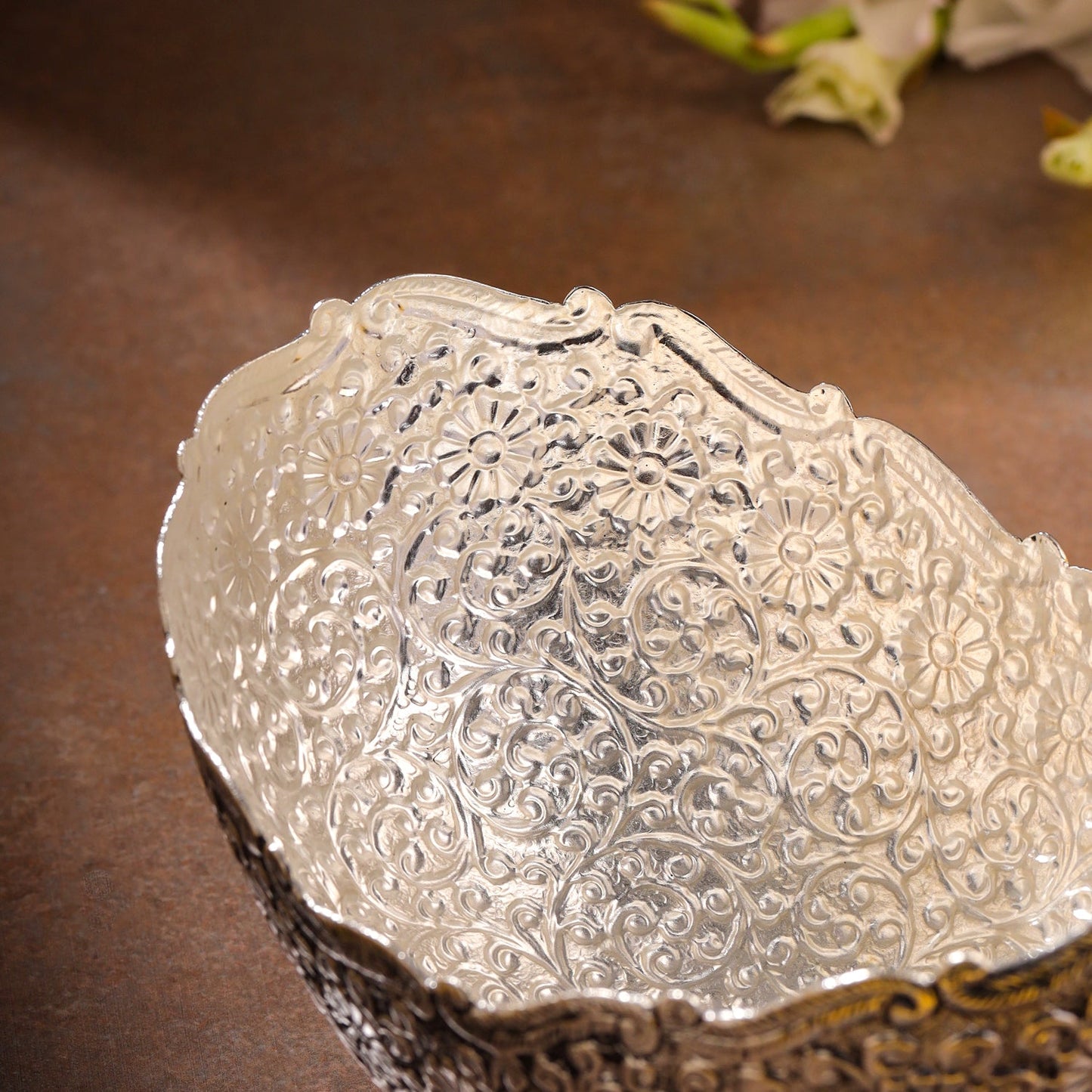 Silver-Plated Brass Decorative Basket with Floral Design (5.3 Inch)