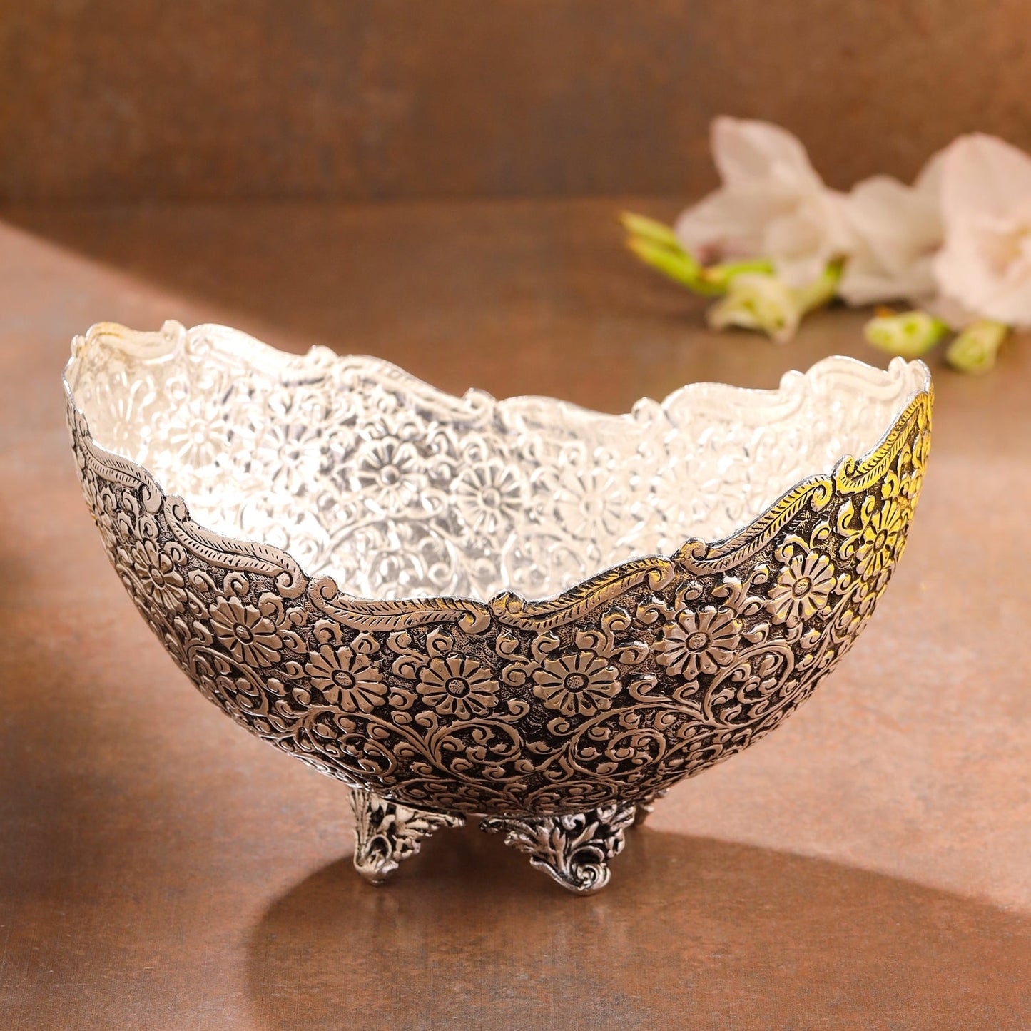 Silver-Plated Brass Decorative Basket with Floral Design (5.3 Inch)