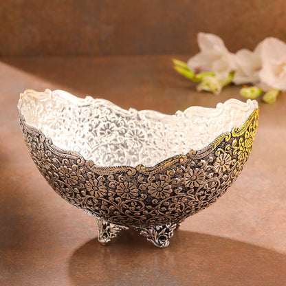 Silver-Plated Brass Decorative Basket with Floral Design (5.3 Inch)