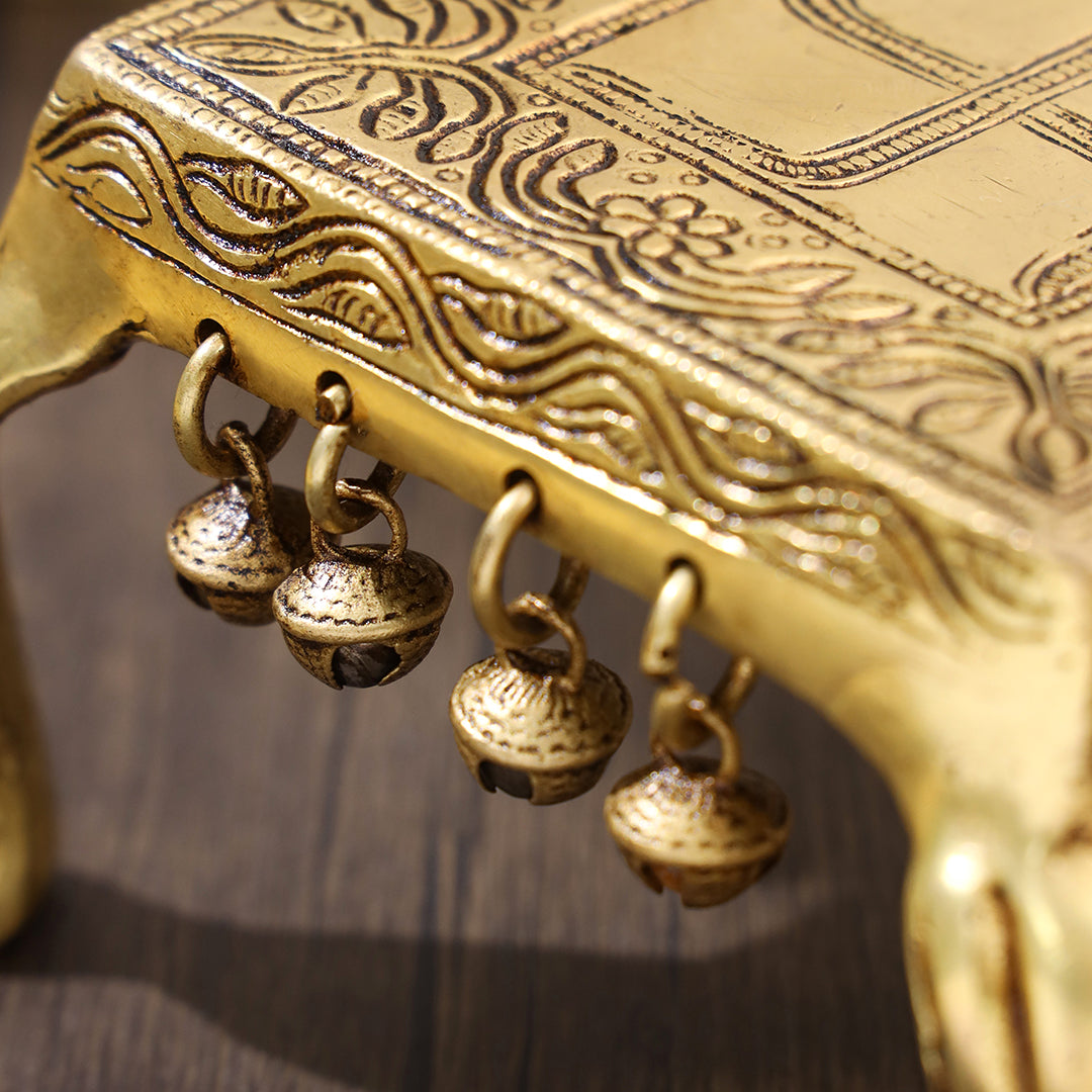 Brass Swastik Chowki With Bells (3.5 Inch)