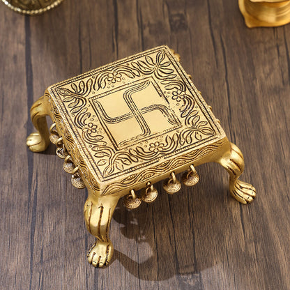 Brass Swastik Chowki With Bells (3.5 Inch)