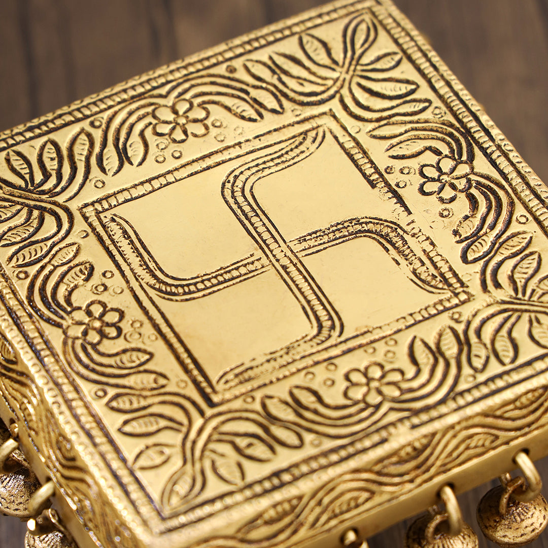 Brass Swastik Chowki With Bells (3.5 Inch)