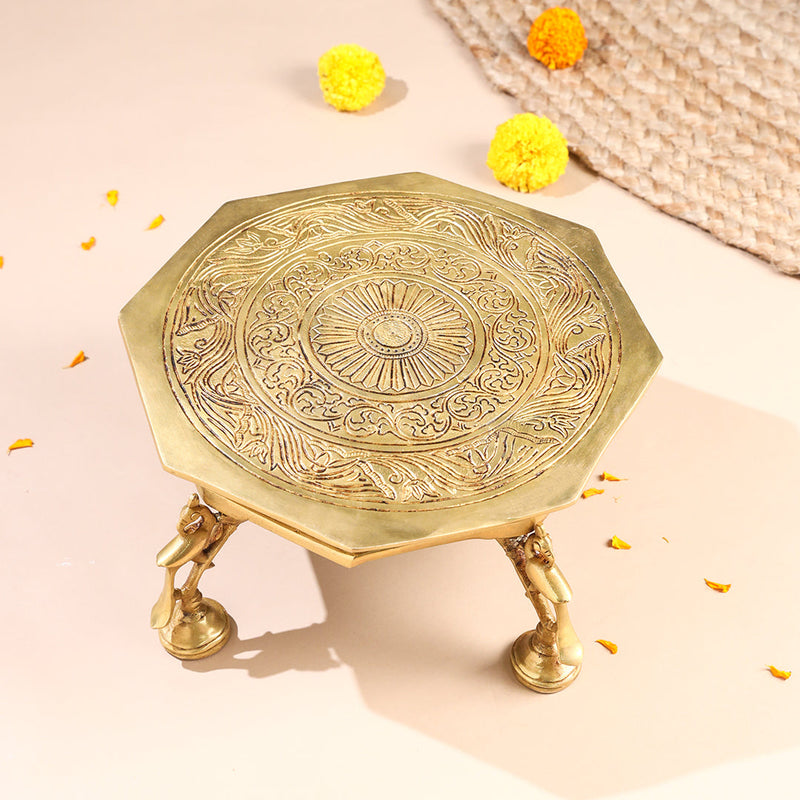 Brass Superfine Chowki With Peacock Pillars (5.5 INCH)