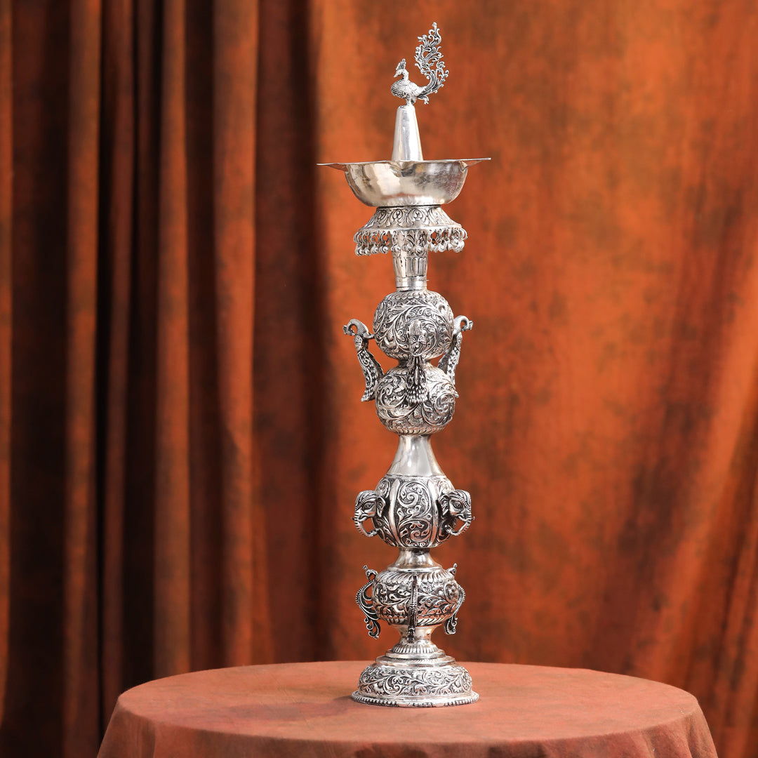 Brass Silver Plated Peacock Design Samai Oil Lamp (23.8 Inch)