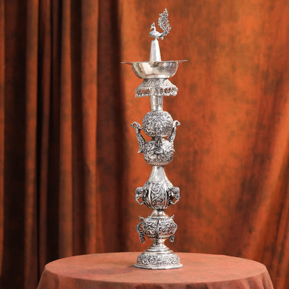 Brass Silver Plated Peacock Design Samai Oil Lamp (23.8 Inch)