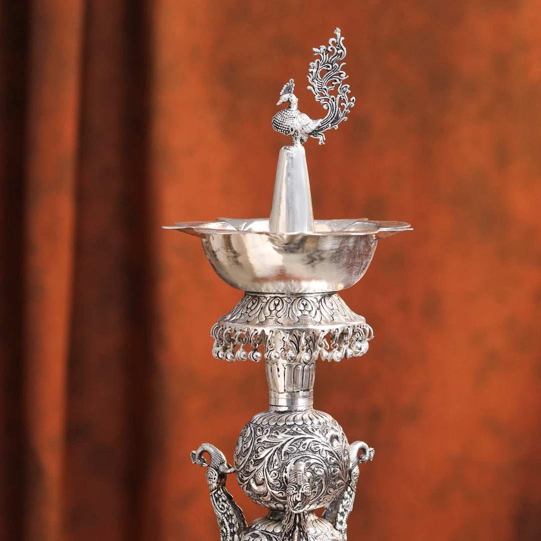 Brass Silver Plated Peacock Design Samai Oil Lamp (23.8 Inch)
