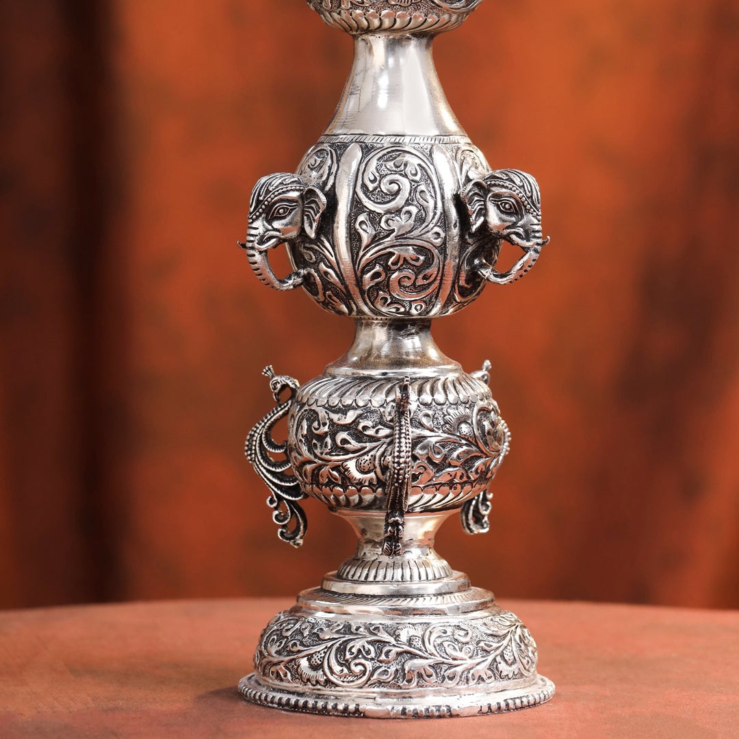 Brass Silver Plated Peacock Design Samai Oil Lamp (23.8 Inch)