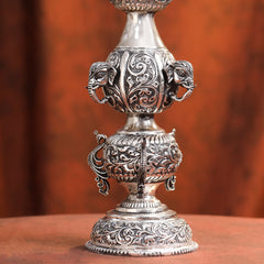 Brass Silver Plated Peacock Design Samai Oil Lamp (23.8 Inch)