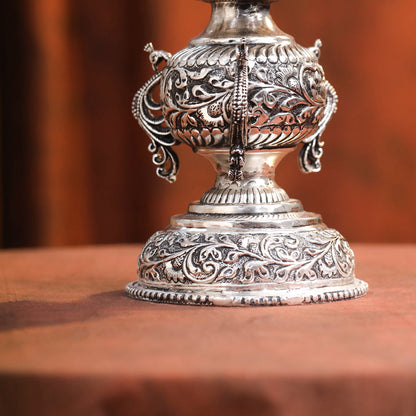 Brass Silver Plated Peacock Design Samai Oil Lamp (23.8 Inch)