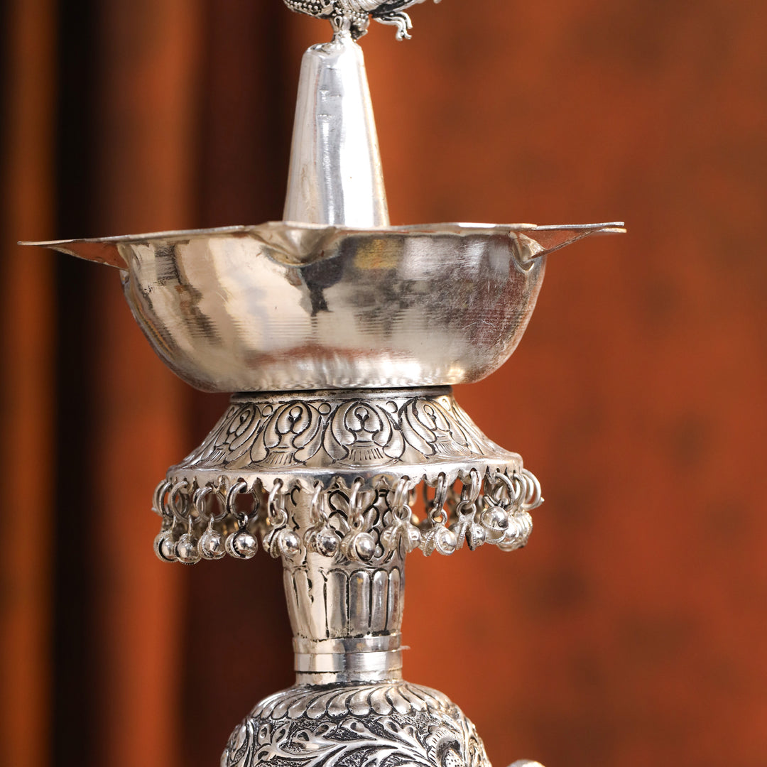 Brass Silver Plated Peacock Design Samai Oil Lamp (23.8 Inch)