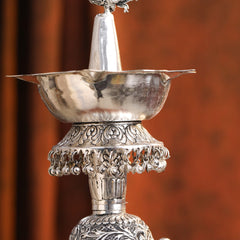 Brass Silver Plated Peacock Design Samai Oil Lamp (23.8 Inch)