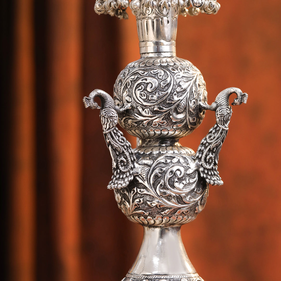 Brass Silver Plated Peacock Design Samai Oil Lamp (23.8 Inch)