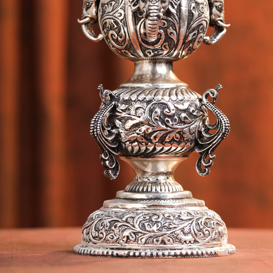 Brass Silver Plated Peacock Design Samai Oil Lamp (23.8 Inch)