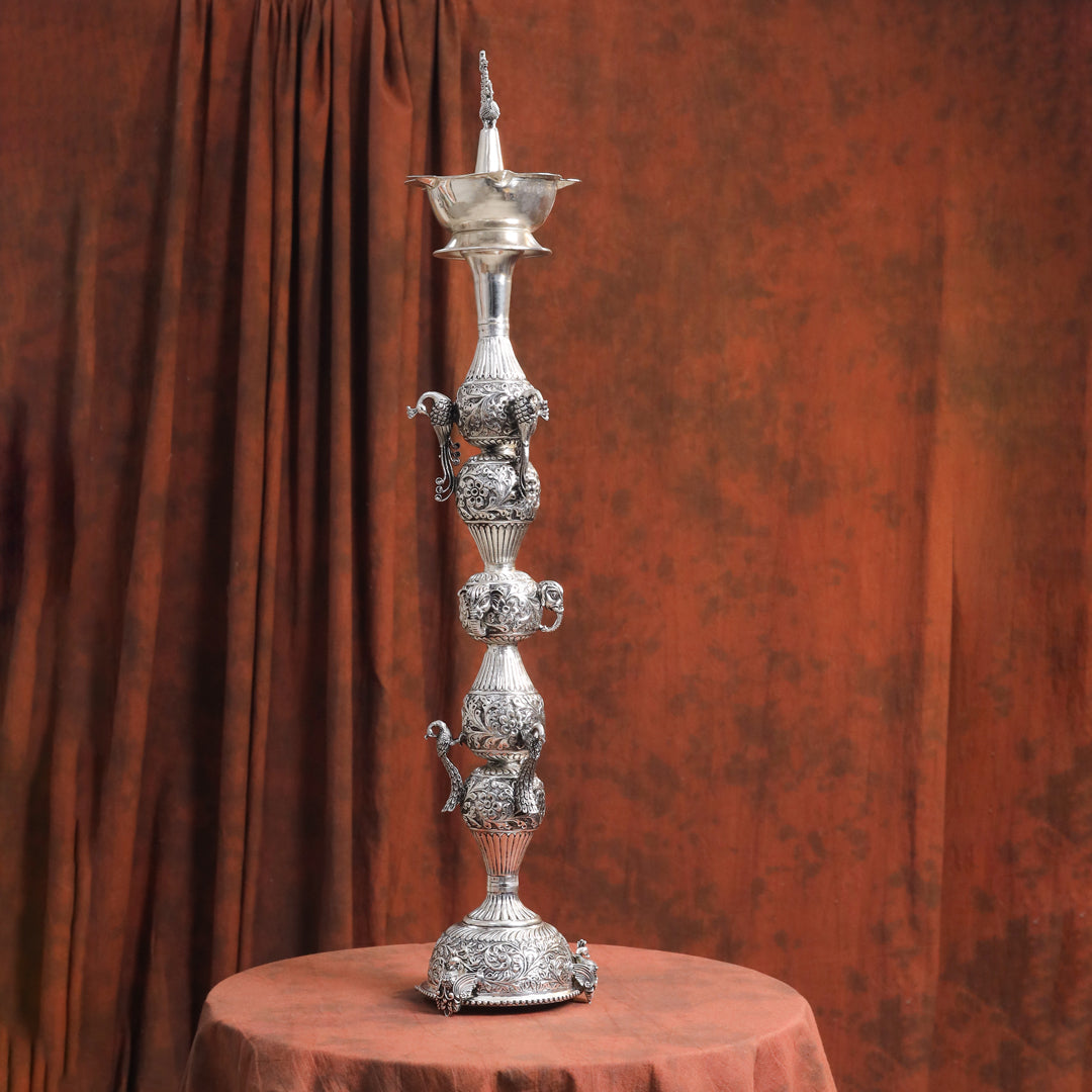 Brass Silver Plated Peacock Design Samai Oil Lamp (32.5 Inch)