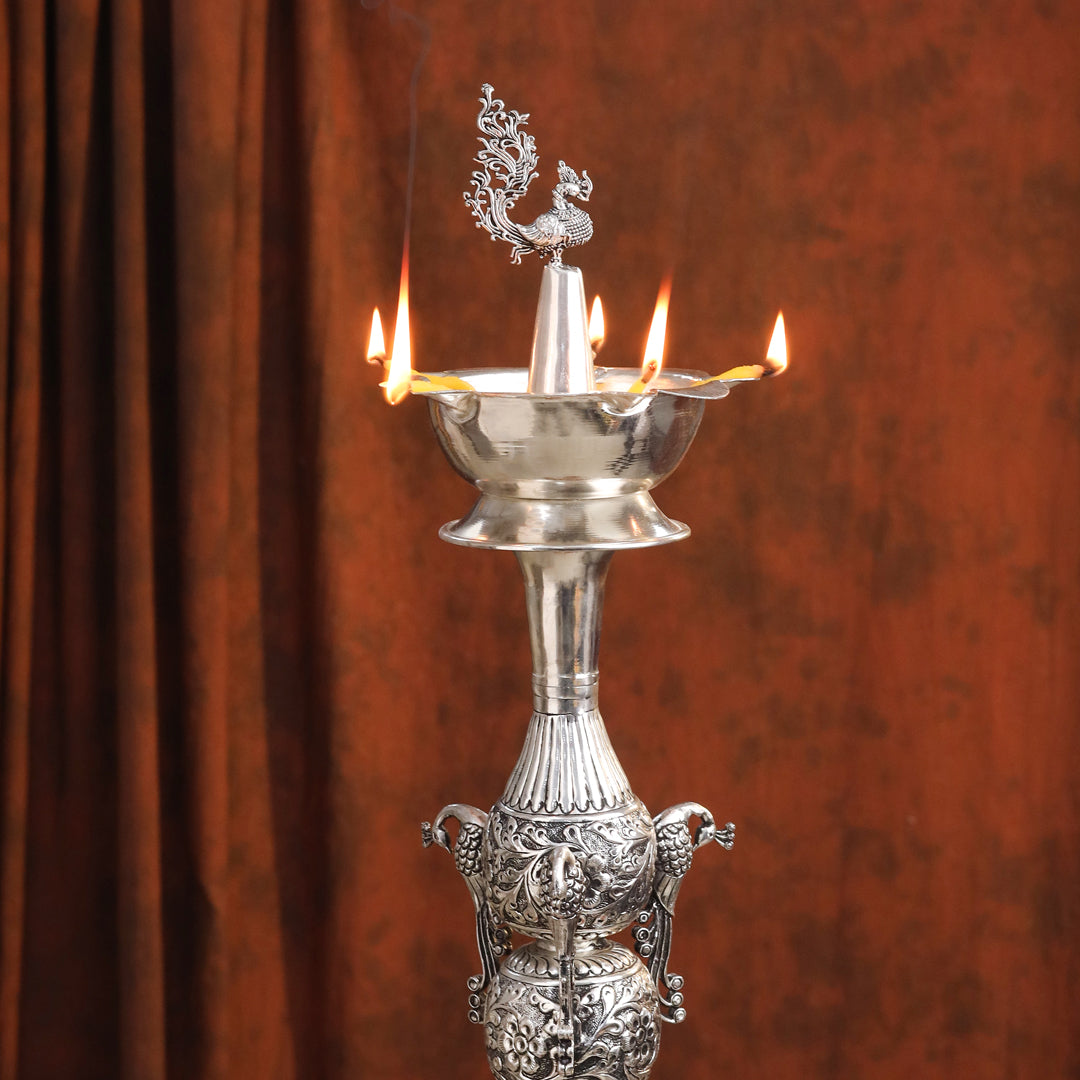 Brass Silver Plated Peacock Design Samai Oil Lamp (32.5 Inch)