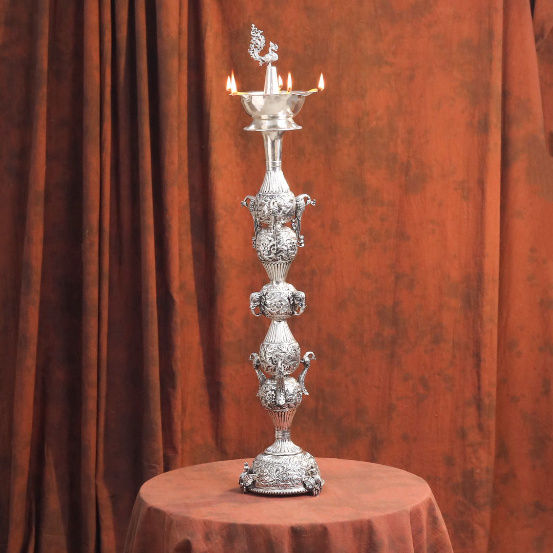 Brass Silver Plated Peacock Design Samai Oil Lamp (32.5 Inch)