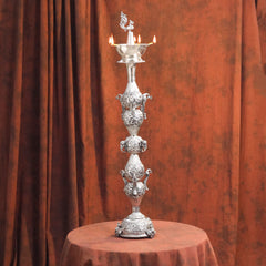 Brass Silver Plated Peacock Design Samai Oil Lamp (32.5 Inch)