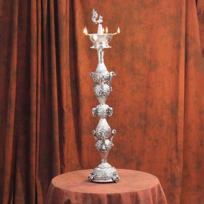 Brass Silver Plated Peacock Design Samai Oil Lamp (32.5 Inch)