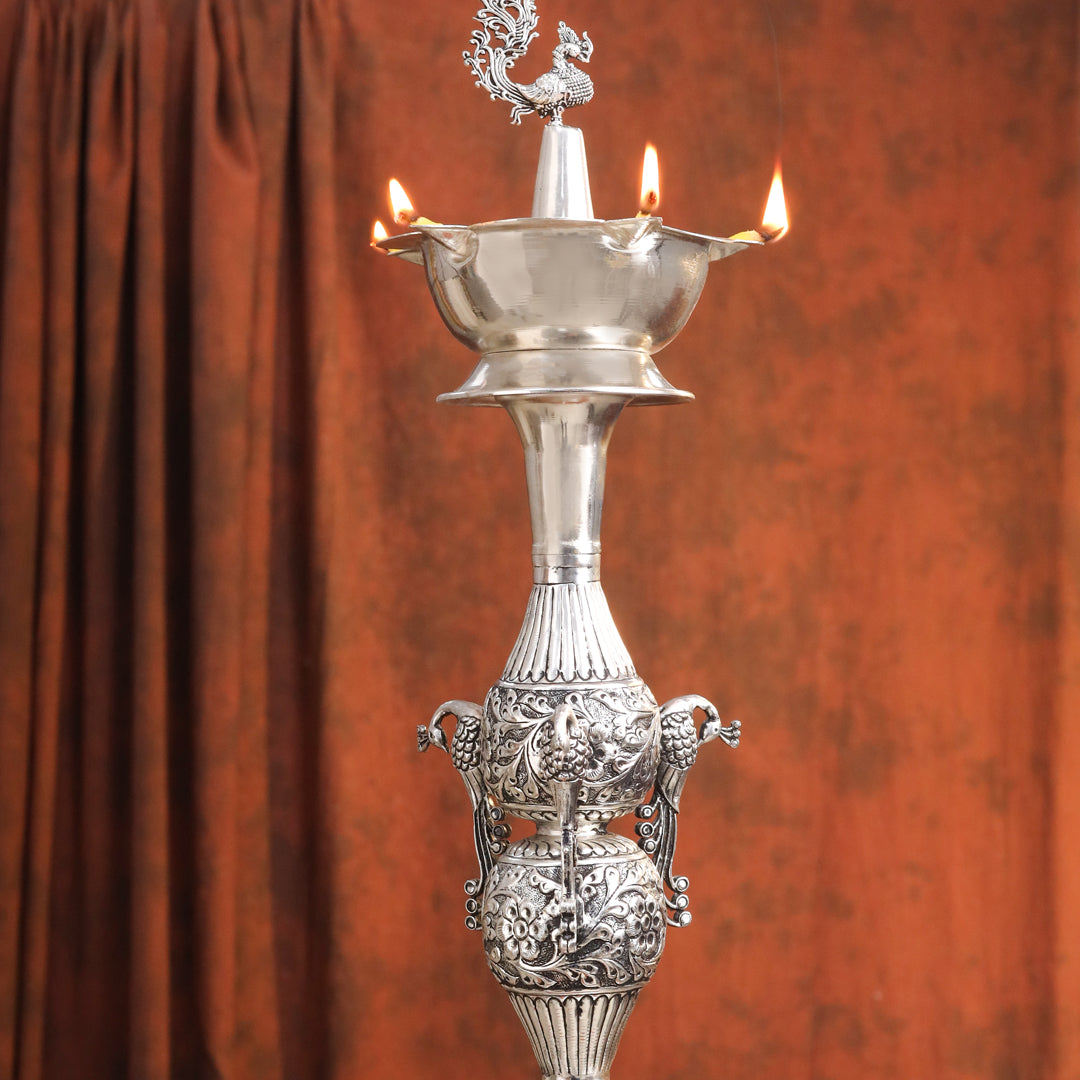 Brass Silver Plated Peacock Design Samai Oil Lamp (32.5 Inch)
