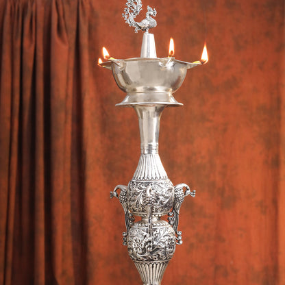 Brass Silver Plated Peacock Design Samai Oil Lamp (32.5 Inch)