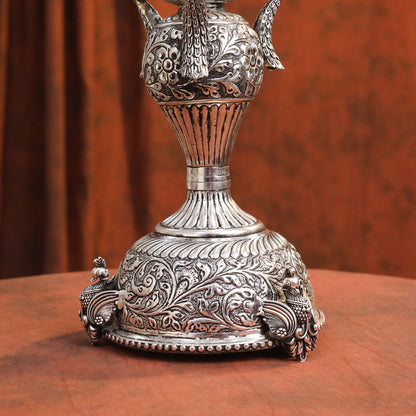 Brass Silver Plated Peacock Design Samai Oil Lamp (32.5 Inch)