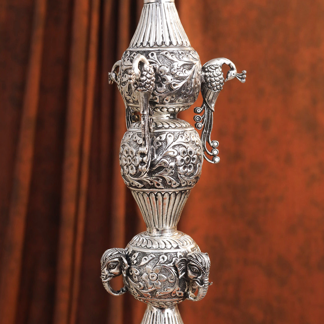 Brass Silver Plated Peacock Design Samai Oil Lamp (32.5 Inch)