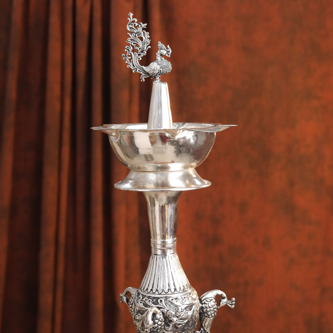 Brass Silver Plated Peacock Design Samai Oil Lamp (32.5 Inch)