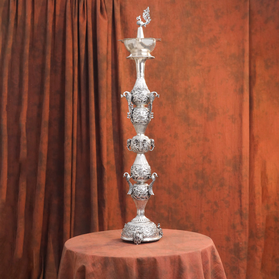 Brass Silver Plated Peacock Design Samai Oil Lamp (32.5 Inch)