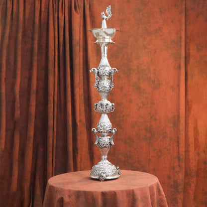 Brass Silver Plated Peacock Design Samai Oil Lamp (32.5 Inch)