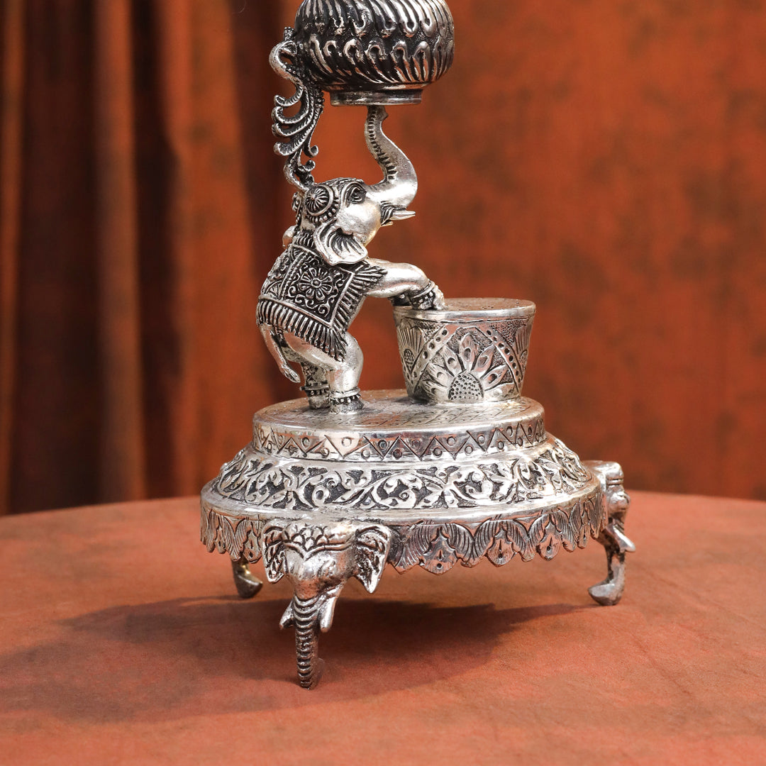 Brass Silver Plated Elephant / Peacock Design Oil Lamp (14.1 Inch)