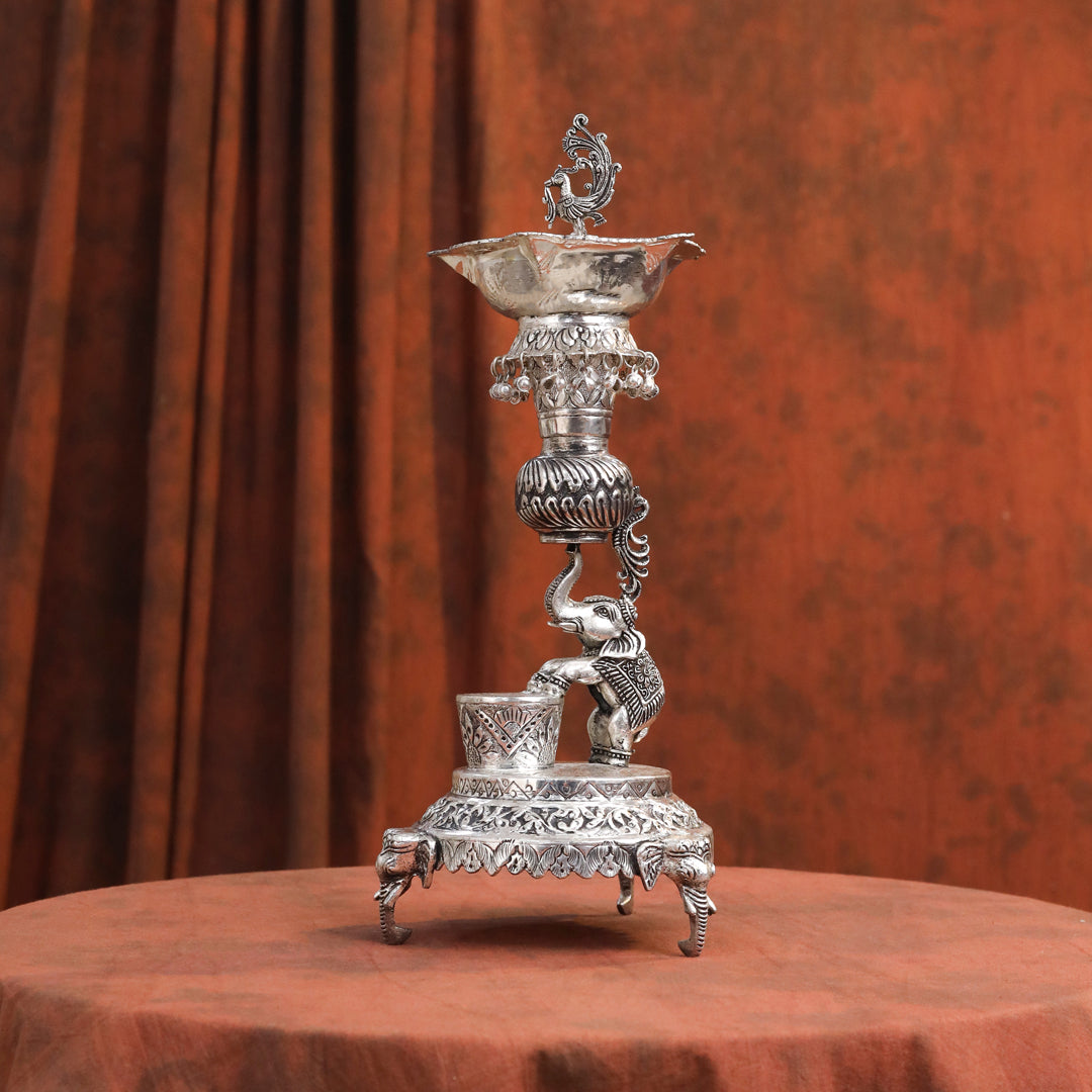 Brass Silver Plated Elephant / Peacock Design Oil Lamp (14.1 Inch)