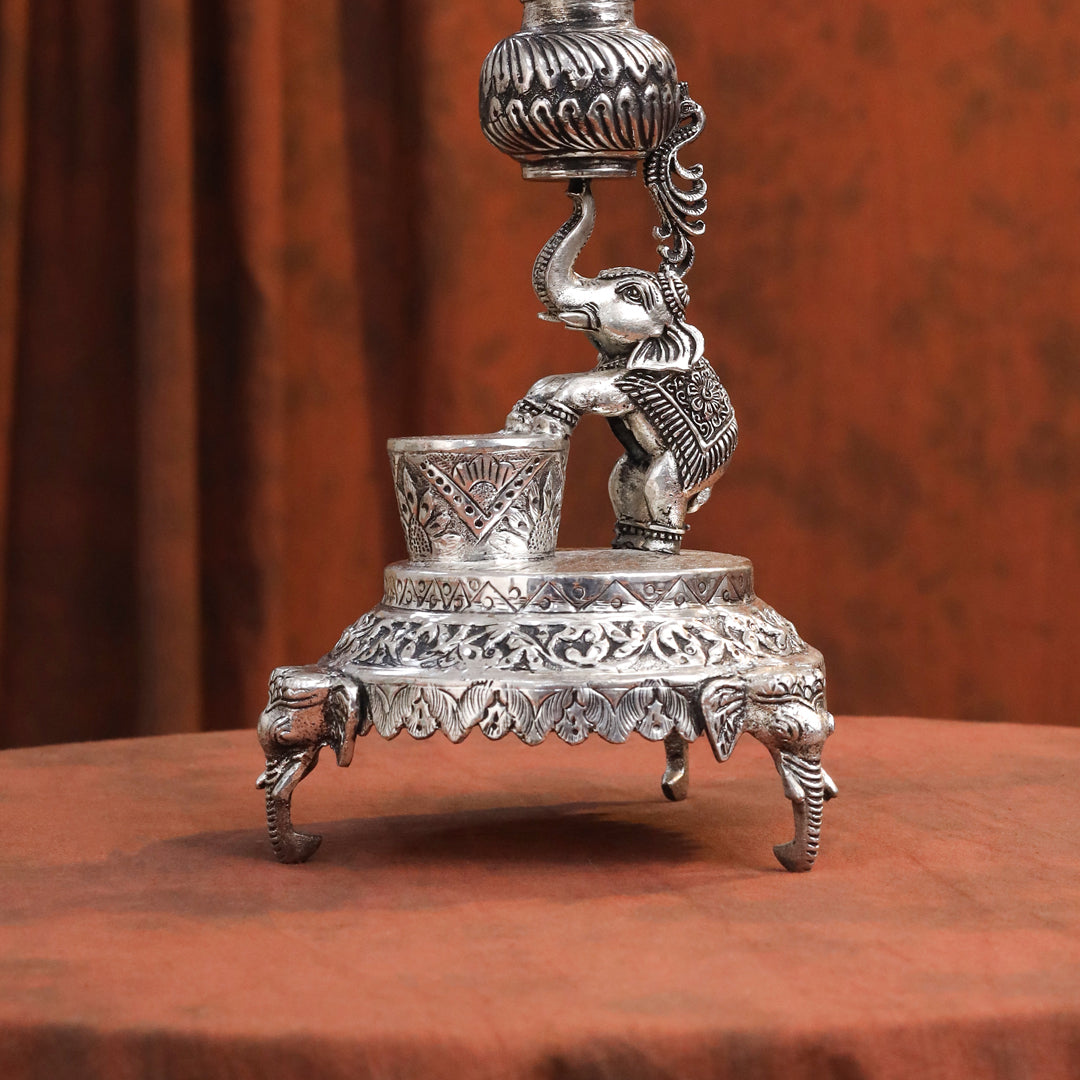 Brass Silver Plated Elephant / Peacock Design Oil Lamp (14.1 Inch)