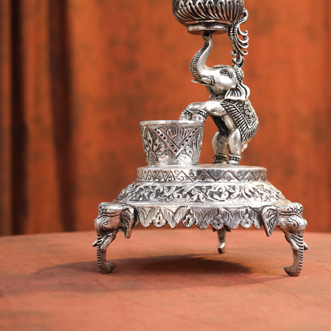 Brass Silver Plated Elephant / Peacock Design Oil Lamp (14.1 Inch)