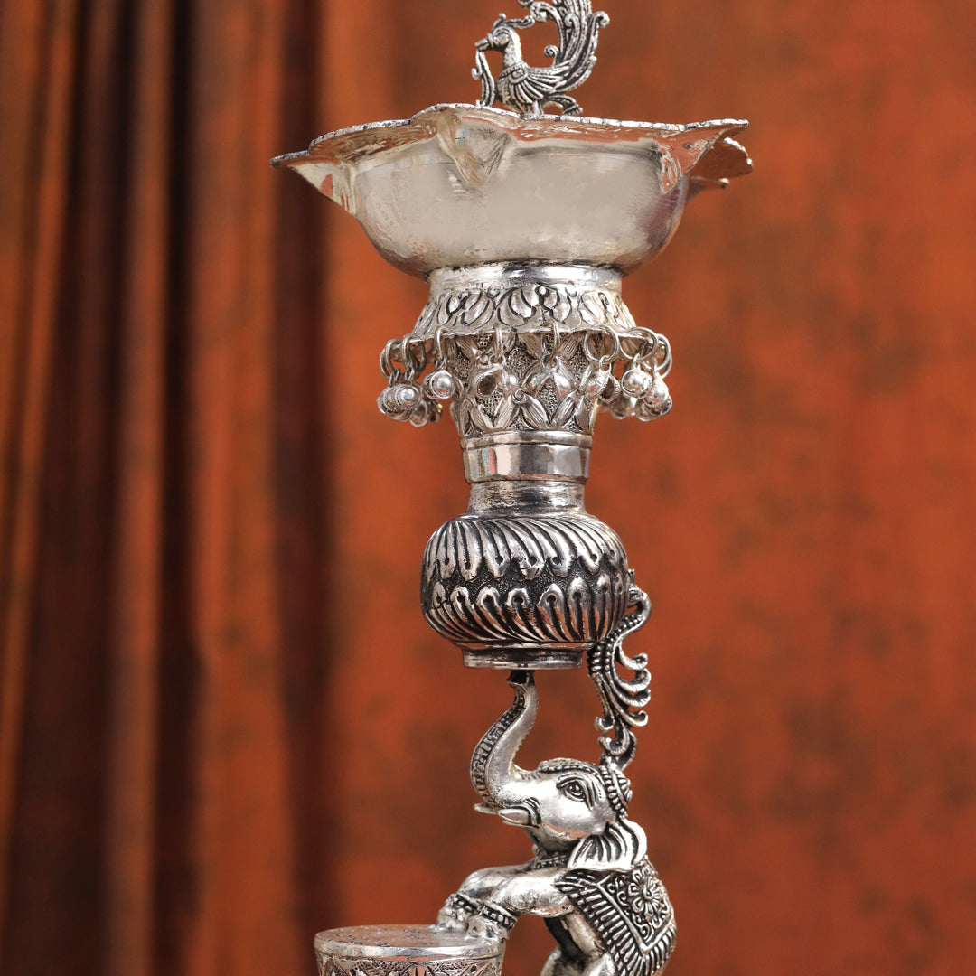 Brass Silver Plated Elephant / Peacock Design Oil Lamp (14.1 Inch)