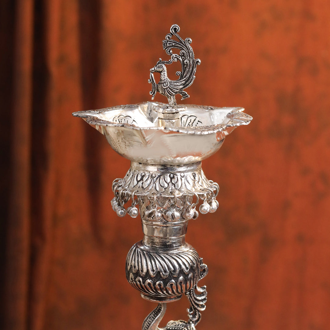 Brass Silver Plated Elephant / Peacock Design Oil Lamp (14.1 Inch)