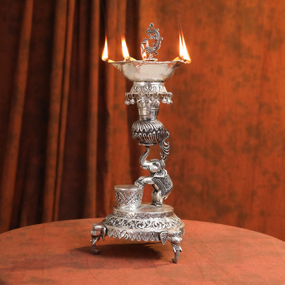Brass Silver Plated Elephant / Peacock Design Oil Lamp (14.1 Inch)