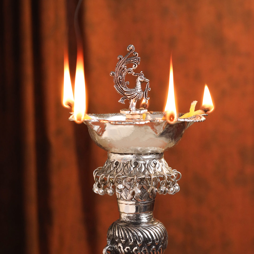 Brass Silver Plated Elephant / Peacock Design Oil Lamp (14.1 Inch)