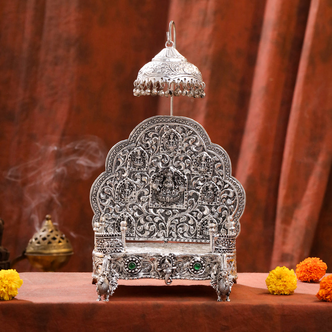 Brass Silver Plated Ashtalakshmi / Ganesha Singhasan with Dome for Laddu Gopal (14 Inch)