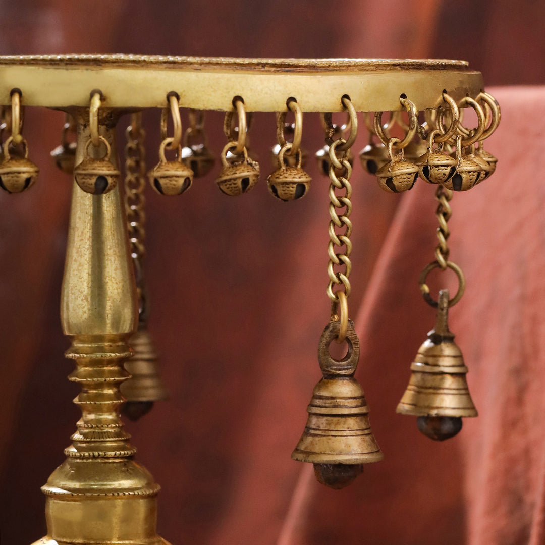Brass Stool with Hanging Bells – Handmade Traditional Decor (11.4 Inch)