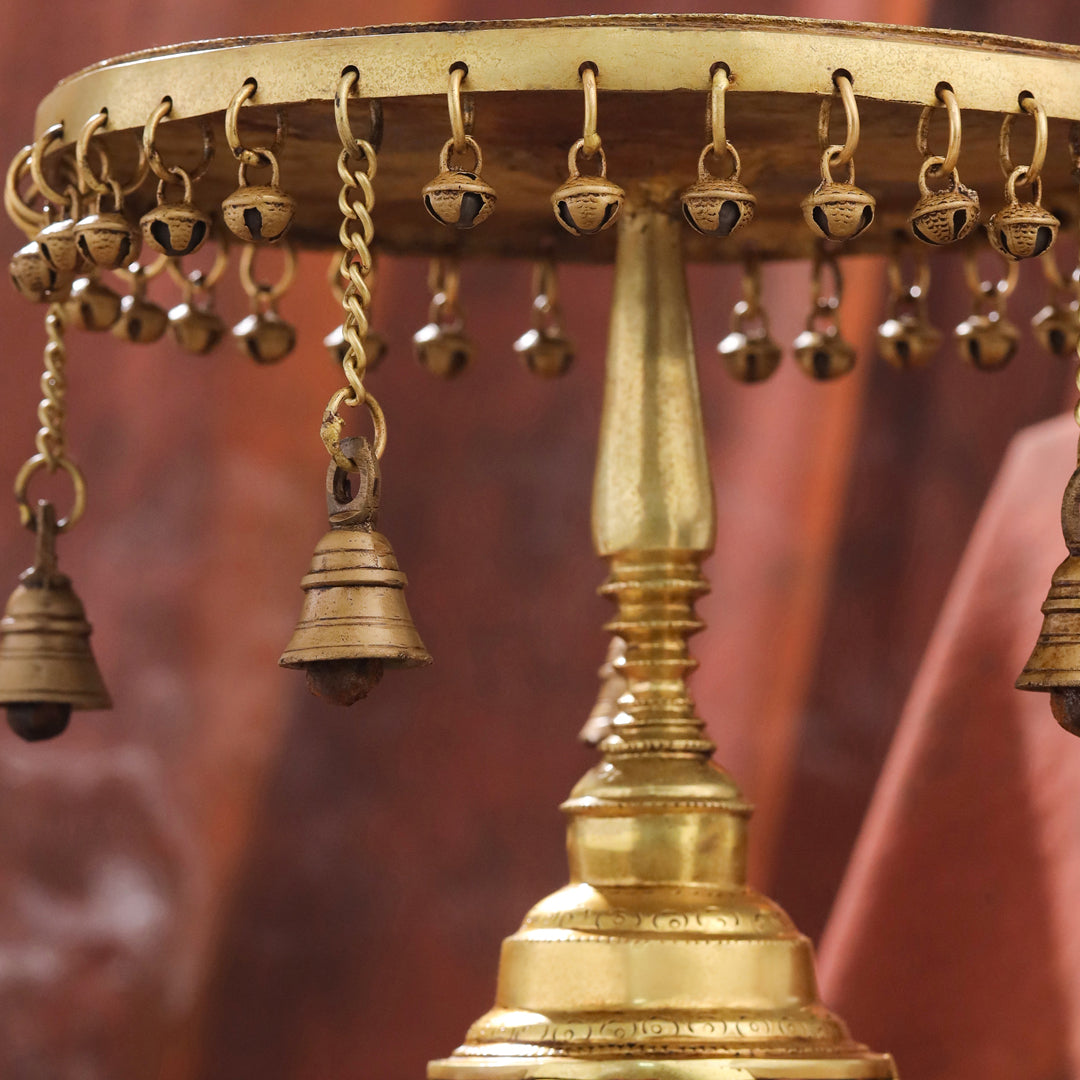 Brass Stool with Hanging Bells – Handmade Traditional Decor (11.4 Inch)