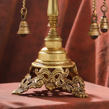 Brass Stool with Hanging Bells – Handmade Traditional Decor (11.4 Inch)