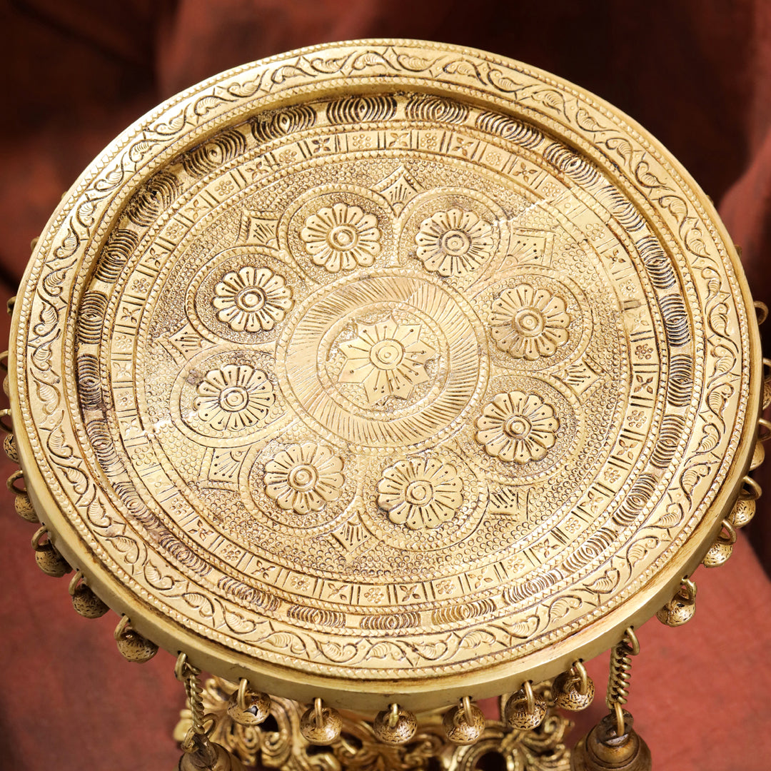 Brass Stool with Hanging Bells – Handmade Traditional Decor (11.4 Inch)