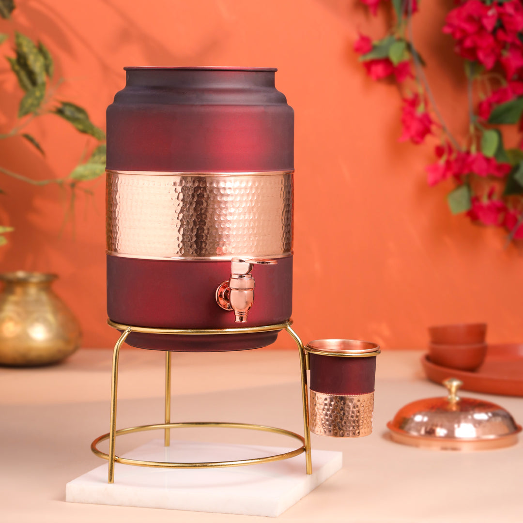 Copper Premium Olive Water Dispenser with Glass & Stand (13.8 Inch)