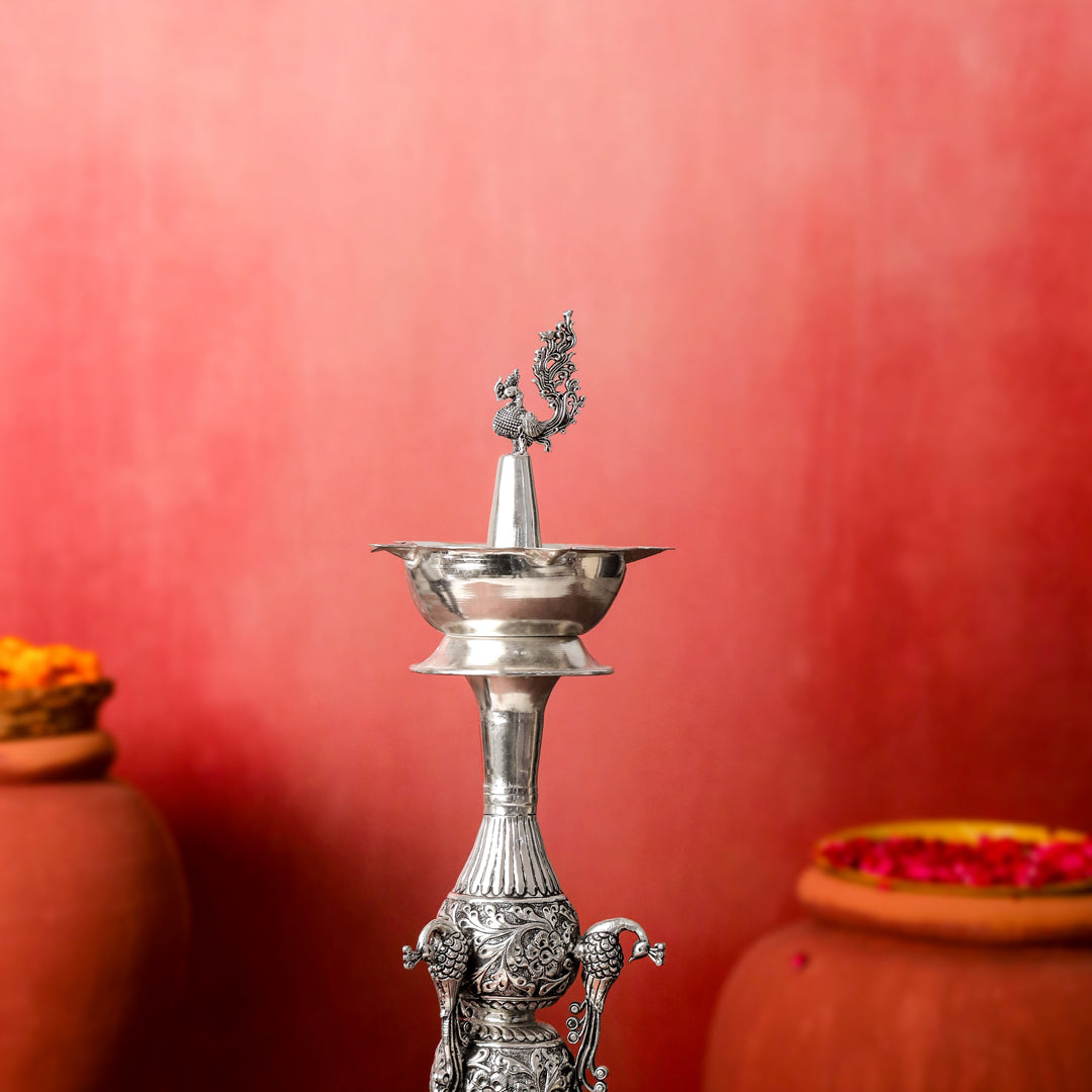 Brass Silver Plated Peacock Design Samai Oil Lamp (32.5 Inch)