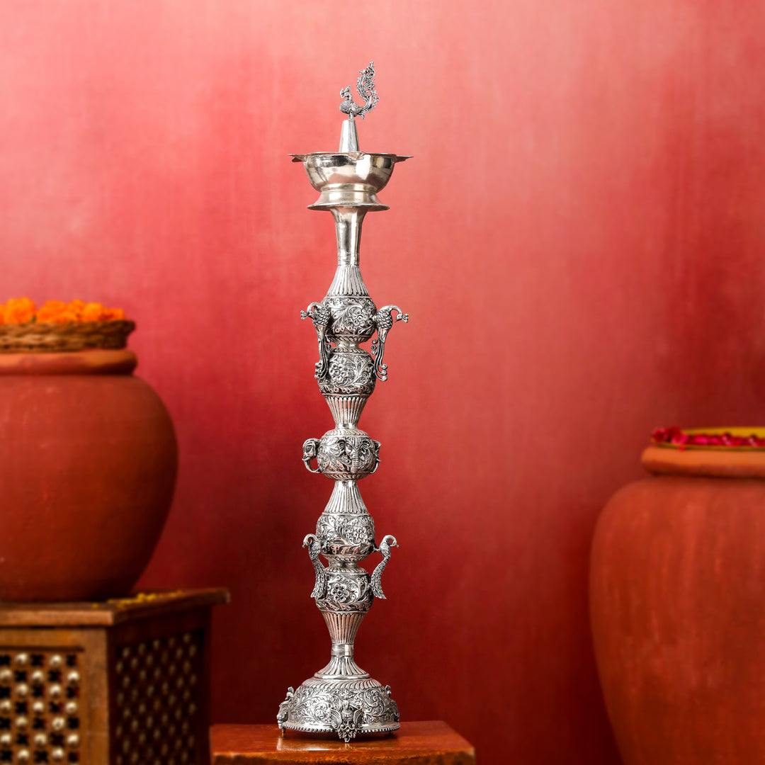 Brass Silver Plated Peacock Design Samai Oil Lamp (32.5 Inch)
